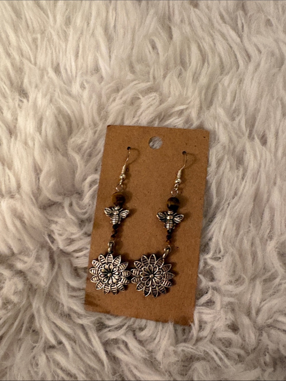 Boho Silver Floral Dangle Earrings with Brown Beads
